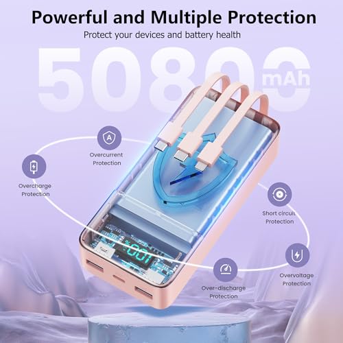 Portable Charger Power Bank 50800mAh,25W USB C Fast Charging Battery Pack with 3 Built in Cables & LED Display,6 Outputs 2 Inputs Travel Essentials Phone Charger for iPhone 18/17/16/15,Android,Pink - color: Pink
