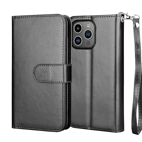 NJJEX Compatible with iPhone 16 Pro Wallet Case, 9 Card Slots, Black | PU leather folio flip, detachable magnetic phone cover, integrated kickstand, included lanyard - color: Black, size: 6.3 inches