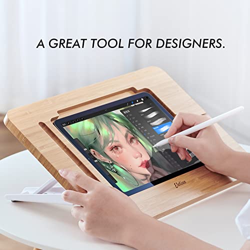 ELETIUO Upgraded Bamboo Wooden Drawing Ipad Holder with Pencil&Charger Cable Slot, Multi-Angle Adjustable Tablet Desktop,Foldable Portable Stand,Compatible with 12.9 inch ipad pro 3rd/4th/ 5th Gen - size: 16.8*12.2*1.4 inch