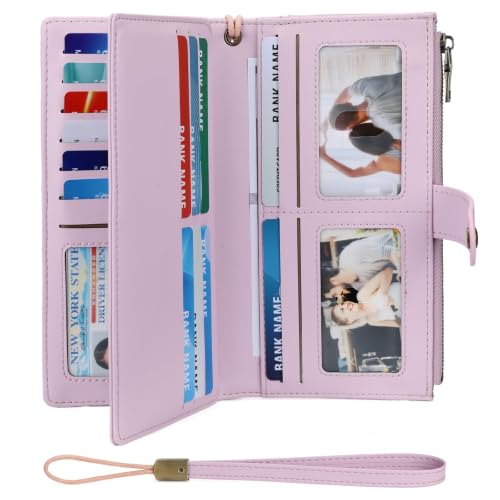 GAEKEAO Wallets for Women Leather RFID Blocking Large Capacity Card Case Ladies Wristlet Clutch Wallets Zipper Pocket with 4 ID Windows 21 Card Slots - color: Purple