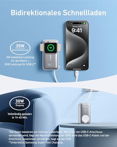 Anker MagGo Power Bank for Apple Watch, 10,000mAh 35W Max Portable Charger - color: White