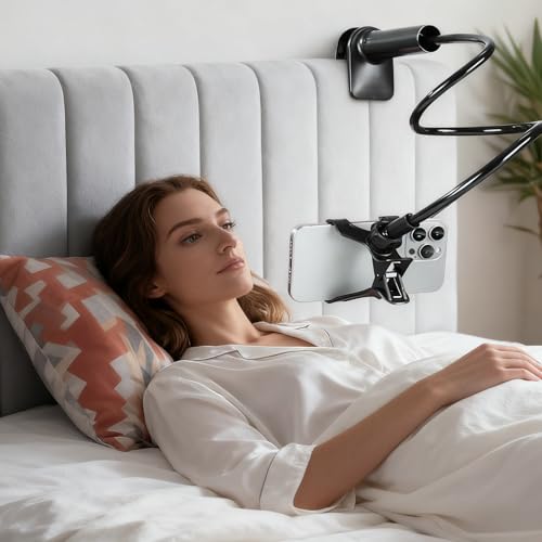 360-Degree Rotating Phone Holder Adjustable Long Arm Lazy Bedside Clamp Stand Hands-Free Mobile Mount for Watching Videos and Video Calls