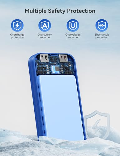 Portable Charger Power Bank 10000mAh with Built in Cables & Wall Plug - color: Steel Blue