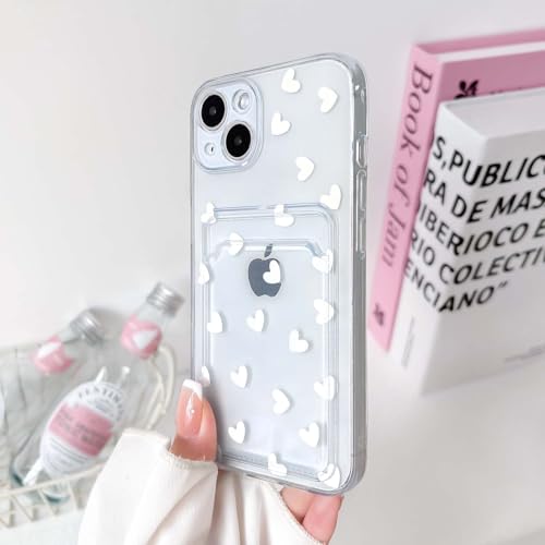 NITITOP Compatible with iPhone 14 Plus Case Clear with Card Holder Cute White Love Heart Pattern Design Design Soft TPU Shock-Absorbing Wallet Case Protective Cover - White - color: White, size: iPhone 14 Plus