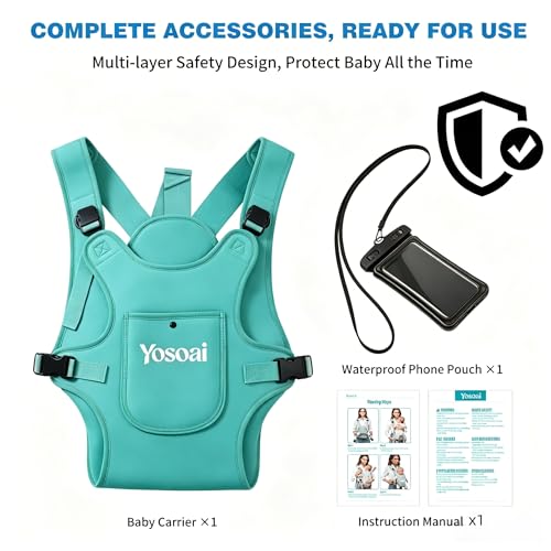 Yosoai Premium Neoprene Water Baby Carrier, Safer Wider 50mm Strap & 60mm Slide Lock Buckle, Ergonomic X+H Back Support, Quick Dry Land & Water Baby Carrier with Waterproof Phone Pouch - color: Lake Blue