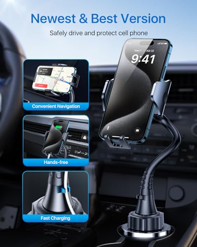 andobil Upgraded 15" Cup Holder Phone Holder, 【Solidest & Adjustable】 Military-Grade Long Gooseneck Cup Phone Holders for Your Car Truck, Car Phone Holder for iPhone 17 Pro Max 16 15 14/Samsung/Pixel - color: Gooseneck-Black
