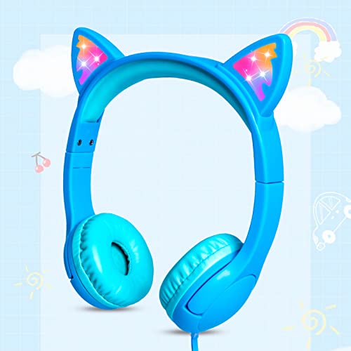 Olyre Kids Wired Headphones LED Light-Up Cat Ears Headset, Dual Audio Jack - color: Blue