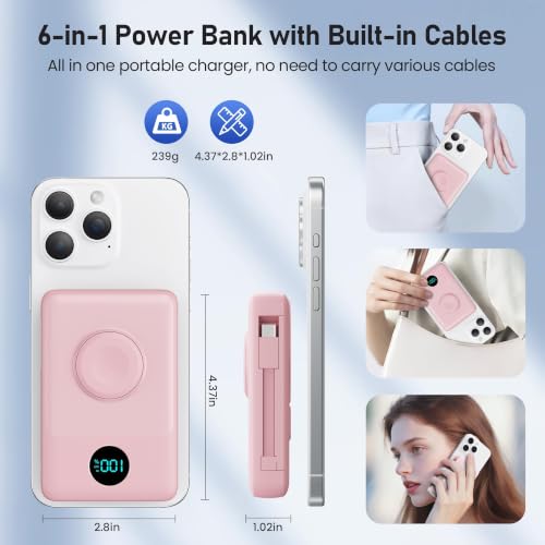 Ekrist Magnetic Portable Charger 10800mAh for MagSafe with Built-in Cable,iWatch Charger,Wireless Power Bank Travel Essentials,25W Fast Charging Battery Pack for iPhone 17/16/15/14,Apple Watch(Pink) - color: Pink