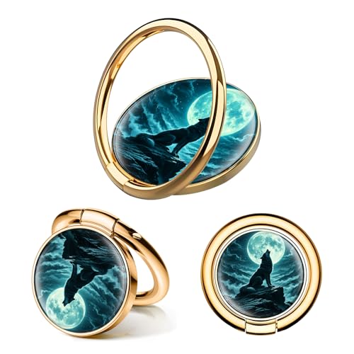 Cell Phone Ring Holder, Cute Phone Ring Grip Stand, 360°Rotation Funny Metal Kickstand Finger Grip Cool Moon Wolf - color: Cool Moon Wolf