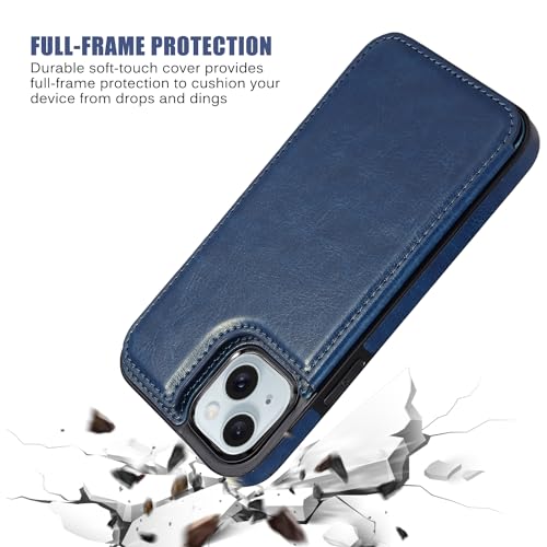 Wallet Case Compatible with iPhone 15,Slim Protective case with Card Holder,Premium PU Leather Kickstand Card Slots Case with 1 Screen Protective Glass for iPhone 15 (6.1")-Deep Blue - color: Deep Blue