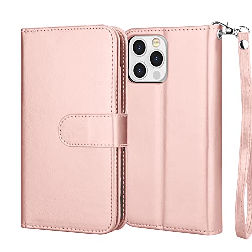 NJJEX iPhone 13 Mini Wallet Case, 9 Card Slots, Rose Gold | PU leather, ID Credit Card Holder, detachable folio flip, magnetic cover, kickstand, lanyard included - color: Rose Gold