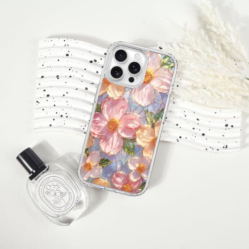 for iPhone 15 Pro Max Magnetic Case【Compatible with MagSafe】 Aesthetic Oil Painting Stained Glass Flower Design, Slim Fit Hard PC Back Shockproof Cute Clear Phone Cover, Pink - color: Pink, size: iPhone 15 Pro Max