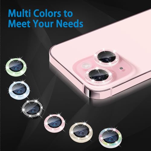 Compatible with iPhone 15 & 15 Plus Camera Lens Protector, Bling Glitter 9H Tempered Glass Camera Cover Anti Scratch Shockproof Screen Protector Individual Metal Lens Ring - 2PCS Glitter Pink - color: Pink Glitter