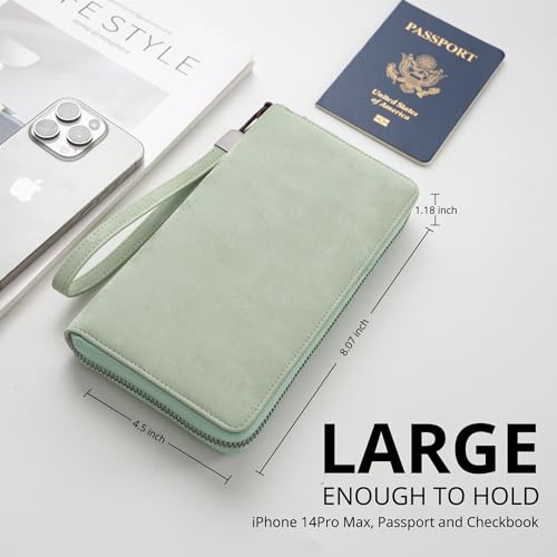 Bveyzi Women RFID Blocking Wallet Leather Zip Around Phone Clutch Large Capacity Ladies Travel Purse Wristlet - color: Sage Green