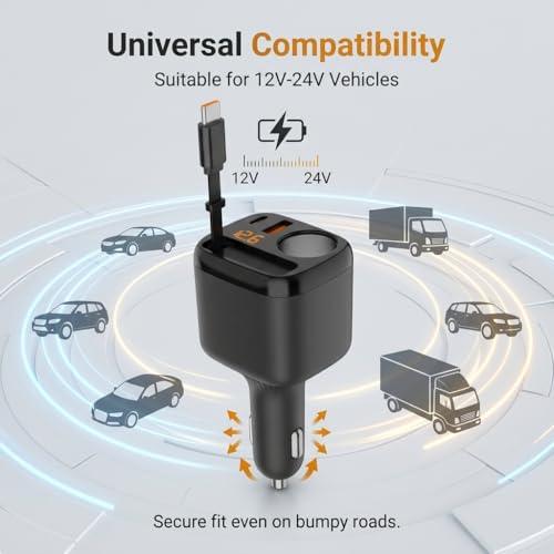Retractable Car Charger 3-in-1, 78W Fast Car Charger with Built-in 30W USB C Cable & Cigarette Lighter Splitter, Car Accessories Gift for Men Women, for iPhone 17 16 15 14, Galaxy, Pixel