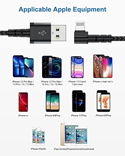 3Pack 90 Degree iPhone Charger 6ft, Nylon Right Angle 6 Foot Apple iPhone Charging Cable, Apple MFi Certified 6 Feet Lightning Cord Long for Apple iPhone 14 Pro Max/13 Pro/12/11/11Pro/11Max/XS/XR/8