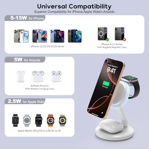 3 in 1 Foldable Magnetic Wireless Charging Station,iPhone Mag-Safe Charger - color: White, size: 2Pack