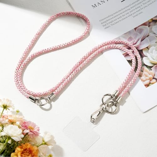 WOZEAH Crystal Cell Phone Lanyard Crossbody Strap for Women, Beaded Phone Strap for Cellphone Case with Tether Tab - color: Pink Crystal