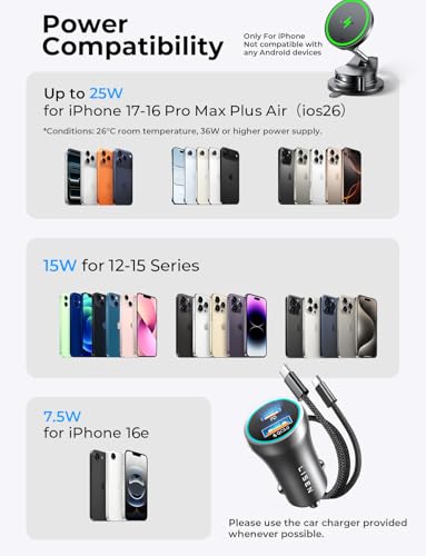 LISEN for Qi2 25W MagSafe Car Mount Charger for iPhone 18 Pro Max MagSafe Car Charger, Fast Wireless Charging Car Charger iPhone 18, Suction Phone Mount, for iPhone 18 Car Charger with 54W Adapter - color: Black
