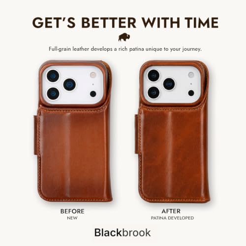 BLACKBROOK Detachable Leather Wallet Case Compatible with iPhone 17 Pro | Full-grain detachable folio with RFID blocking, 3 card slots, ID window, built-in kickstand, wireless charging, handcrafted. - color: Burnished Tan, size: iPhone 17 Pro