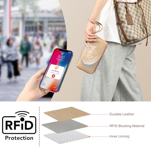 yiijay Womens Wallet RFID Blocking Large Capacity Vegan Leather Double Zip Wristlet Wallet Card Holder Travel Ladies Clutch - color: Khaki