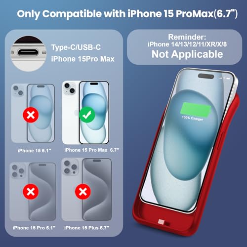Battery Case for iPhone 15 Pro Max,Powerful 8600mah Ultra-Slim Protective Charging Case,15W Fast Charging Portable Rechargeable Expandable Battery Charger Cover for iPhone 15 Pro Max(6.7inch)-Red - color: Red