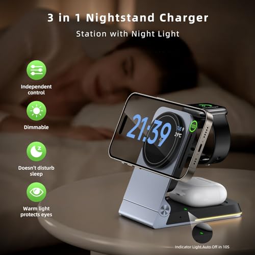 Aluminum 3 in 1 Wireless Charging Station,Foldable Wireless Charger for Apple Magsafe with Light,Portable Travel Magnetic Charger Stand for iPhone 17/16/15/14,Watch,Airpod,with PD 20W Adapter & Case - color: Black