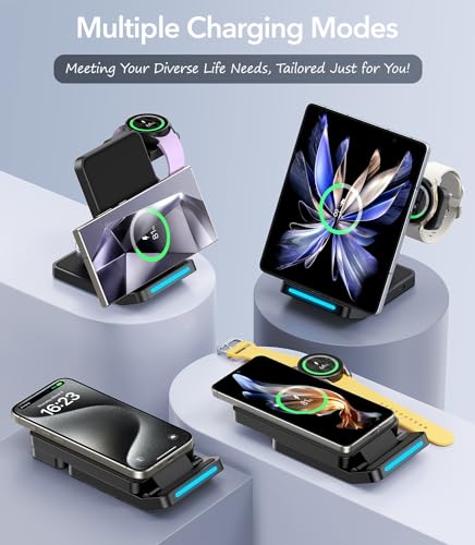 Foldable Wireless Charger for Samsung, 3 in 1 Fast Wireless Charging Station Stand for Samsung Galaxy S25 Ultra S24/S23/S22/S21/Note/Z Fold 7 ZFlip 7/6/5,Galaxy Watch 8/Ultra/7/6/5, Galaxy Buds, Black