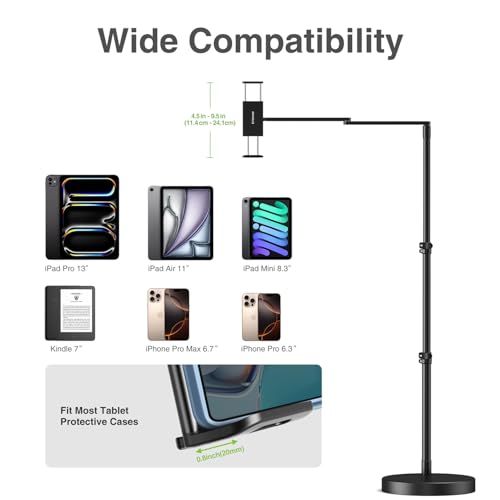 elitehood Adjustable Tablet Floor Stand, Aluminum iPad Stand for Bed - style: Side-Clamp Tablet Holder