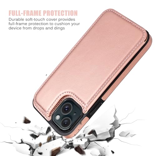 Wallet Case Compatible with iPhone 15,Slim Protective case with Card Holder,Premium PU Leather Kickstand Card Slots Case with 1 Screen Protective Glass for iPhone 15 (6.1")-Rose Gold - color: Rpse Gold