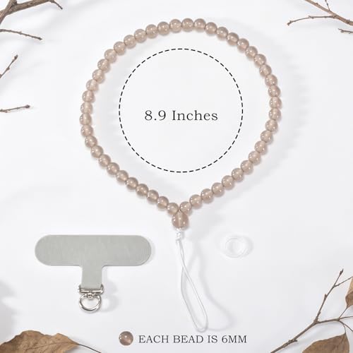 Agate Beaded Phone Wrist Strap for Women Men Stone Beads Charm Handmade Cellphone Chain Lanyard with Tether Tab - color: Grey-2, size: 6mm Beads