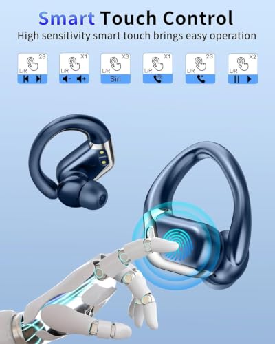 Wireless Earbuds, Bluetooth 5.4 Headphones Sport, 75H Deep Bass Sound Over Ear Buds with 4 ENC Noise Cancelling Mic, Dual LED Display, IP7 Waterproof Earphones with Earhook for Workout/Running/Gym - color: Dark blue