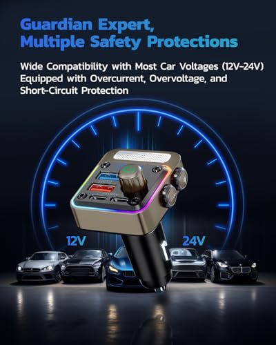 Nulaxy 54W Bluetooth 5.3 Car Adapter, FM Transmitter 4-Port Fast Charging - color: Gold