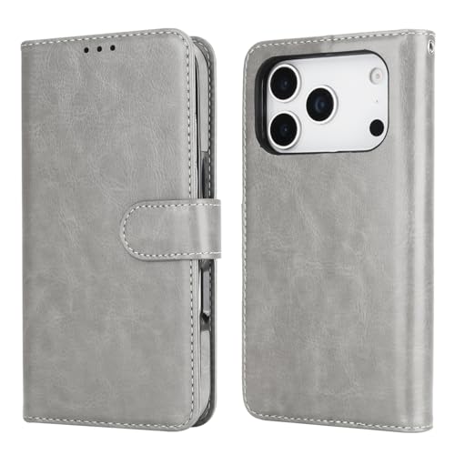 Bocasal Detachable Wallet Case Card Holder for iPhone 17 Pro, Grey | RFID Blocking Kickstand Card Slots Holder PU Leather Magnetic Shockproof Wrist Strap Removable Flip Protective Cover 6.3 inch - color: Gray