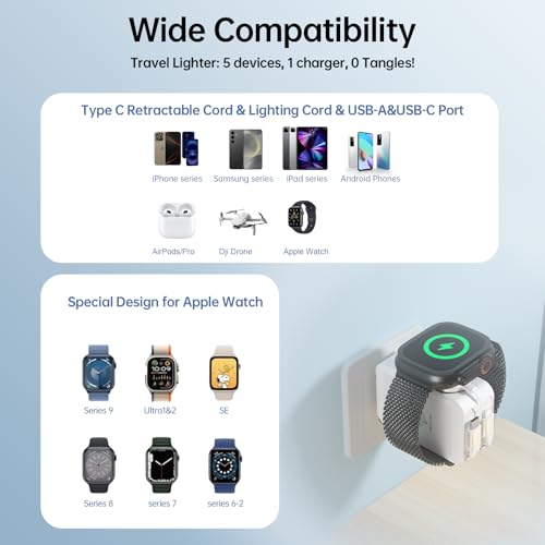 5-in-1 Retractable Apple Watch Charger, 35W Travel Wall Charger - color: Peal White