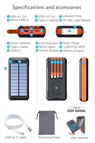 Solar Power Bank 49800mAh, Portable Charger with Built-in 4 Cables, 22.5W Fast Charging Solar Panel Charger for Traveling, Camping and Emergency(Black) - color: Black