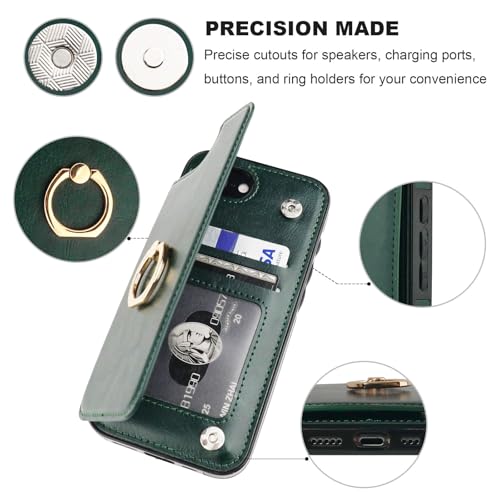 ONETOP for iPhone 17e/16e Wallet Case with Credit Card Holder,Green | 360° Rotation Ring Kickstand,Finger Grip,Double Magnetic Clasp,RFID Blocking PU Leather Shockproof Cover for Women Men - color: Green