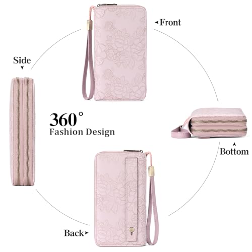 GAEKEAO RFID Leather Wristlet Wallet for Women with Grip Strap | Large capacity clutch wallet, credit card holder, wrist strap, zipper purse, travel and shopping - color: A12 Embossed Light Purple