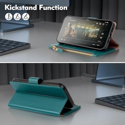 Shieldtop Compatible with Samsung Galaxy S23 5G Wallet Case with Card Holder,Women Men RFID Blocking PU Leather Flip Cover Wrist Strap Zipper Credit Card Slots,Phone Case for S23 5G 6.1",Blue Green - color: Blue Green, size: Galaxy S23 - 6.1"