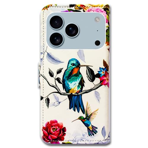 Bcov Case for iPhone 17 Pro,Hummingbird in Flowers Bird Leather Flip Phone Case Wallet Cover with Card Slot Holder Kickstand Case for iPhone 17 Pro - color: Hummingbird In Flowers Style