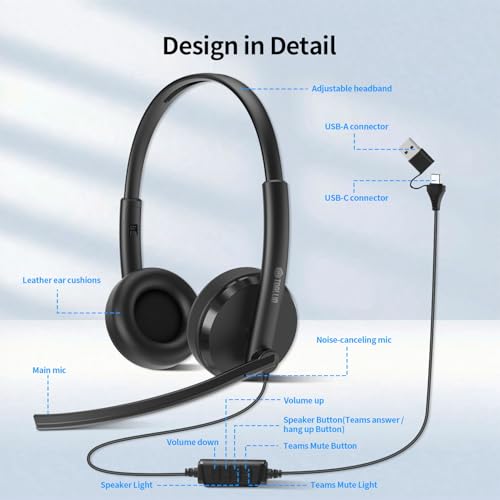 TOALLIN Wired Headset with Noise Canceling Mics, USB Stereo Headphones