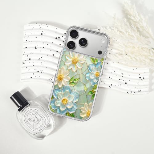 for iPhone 17 Pro Max Magnetic Case【Compatible with MagSafe】 Aesthetic Oil Painting Stained Glass Flower Design, Slim Fit Hard PC Back Shockproof Cute Clear Phone Cover, White Blue - color: White Blue, size: iPhone 17 Pro Max