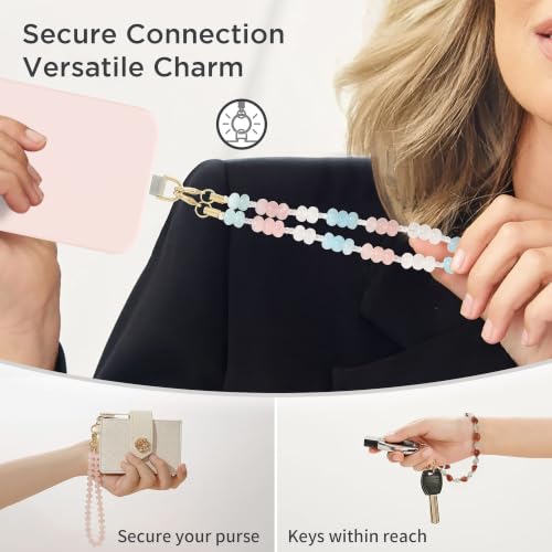 POSADINA Natural Stone Phone Charm, Beaded Healing Phone Wrist Strap, Handmade Cellphone Chain Lanyard with Tether Tab - color: Cotton Candy