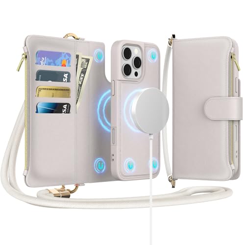 for iPhone 16 Pro 2-in-1 Magnetic Crossbody Wallet Case + Wrist Strap | Wireless Charging After Wallet Removal, Detachable Crossbody/Wrist Straps, Landscape Stand, Card Holder and Zipper Pocket - color: Cream apricot, size: iPhone 16 Pro