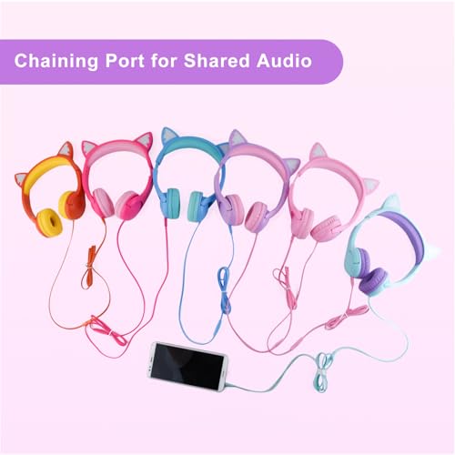 Olyre Kids Wired Headphones with Mic, LED Cat Ears Headset, Dual Audio Jack - color: Rose Red