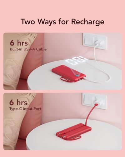 VRURC Portable Charger, Built in 4 Cables & Lanyard Power Bank 10000mAh - color: Magenta