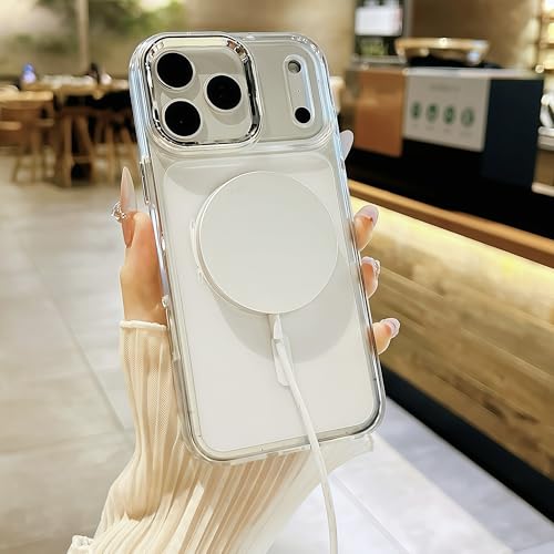 for iPhone 17 Pro Max Clear Case with Electroplated Camera Ring & Buttons, MagSafe Compatible, Military-Grade Shockproof, Anti-Yellowing Slim Transparent Cover - color: White