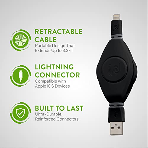 ReTrak Premier Series ETLTUSBBLK Retractable Lightning to USB Charge and Sync Cable for iPhone, iPod, and iPad (Black), 3.2 feet - color: Black
