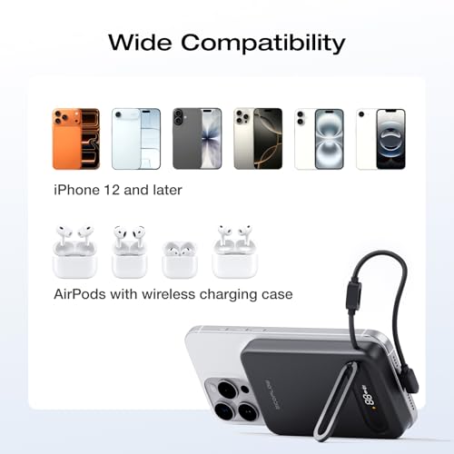 EF ECOFLOW Rapid Mag Power Bank, Qi2.2 25W MagSafe-Compatible Portable Charger, 10,000mAh Magnetic Power Charger with Built-in USB-C Cable and Foldable Stand, for iPhone 17/16/15 - color: Black