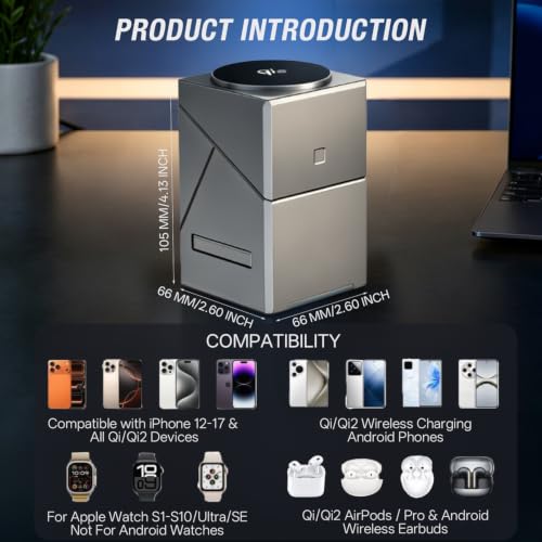 3-in-1 Wireless Charging Station, Soft LED Indicator, Multiple Protection, 15W Auto-Rotating Wireless Charger for iPhone 17,16,15,14,13,12 Series, Apple Watch, AirPods